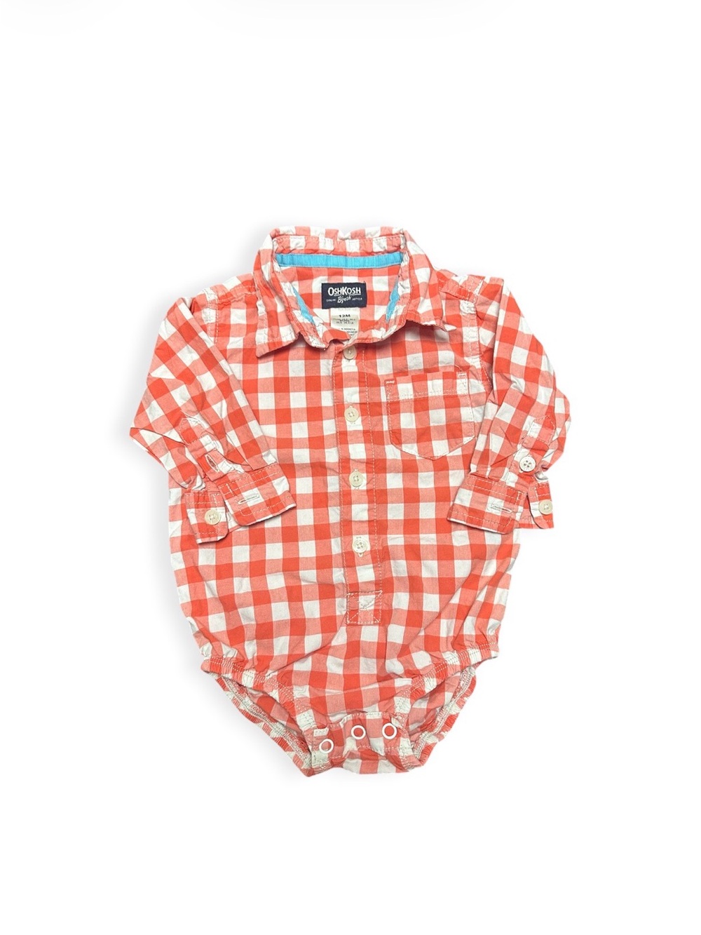 OshKosh B'gosh Boys 12M Orange/White Plaid Cotton Long Sleeve Collared one piece